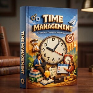 May include: A hardcover book titled "TIME MANAGEMENT" with a blue cover. The cover features a clock, hourglass, and illustrations of people working. The book's spine also displays the title. Other books are visible in the background.