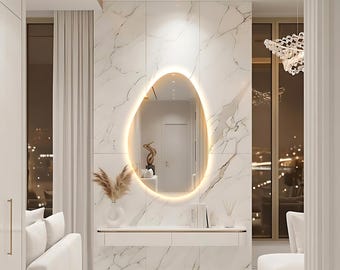 Espelho oval de luxo com iluminação LED traseira, espelho de parede moderno, espelho minimalista para banheiro, espelho de penteadeira com luz, decoração contemporânea para casa.