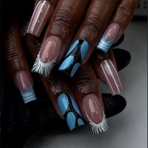 Uñas postizas cuadradas largas / Diseño abstracto de punta francesa, estilo Y2K, arte de lujo hecho a mano