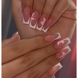 Hand-Painted Pink Floral French Tip Press On Nails | Long Square White Fake Nails