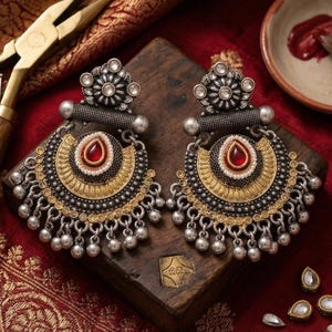 May include: A pair of elaborate silver and gold earrings featuring a central red gemstone. The earrings have a floral design at the top and dangling silver beads. They are displayed on a wooden block against a red patterned fabric.
