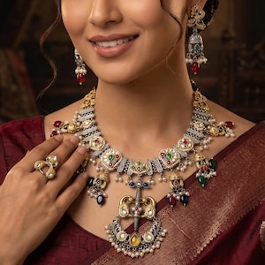 Dual Tone Kundan Necklace Earrings Set | Ruby Emerald Pearl Bridal Jewelry