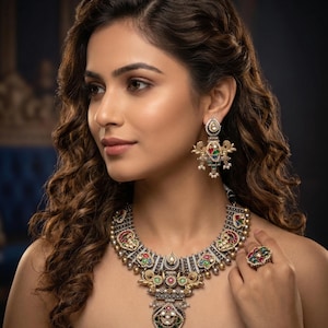 Oxidised Gold Kundan Choker Necklace Set With Earrings
