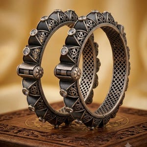 May include: Two circular bangles featuring an oxidised silver finish with intricate filigree metalwork. Each bangle is accented with small, clear, round-cut stones set at regular intervals along the outer edge and a central hinged clasp.