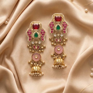 Ruby Pink Jhumka Earrings, Pearl Bridal Statement Jewelry, Indian Wedding Accessory, Gold Ethnic Fashion