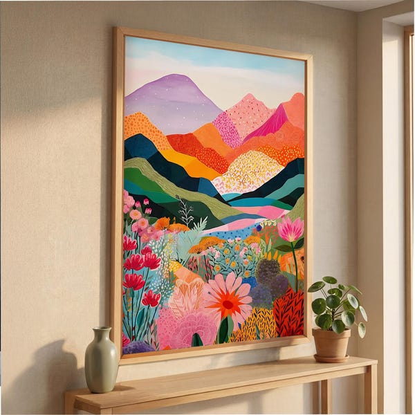 Kleurrijk berglandschap op canvas, kunst met bloementuin, levendige landschapsprint (lijstkleuren beschikbaar)