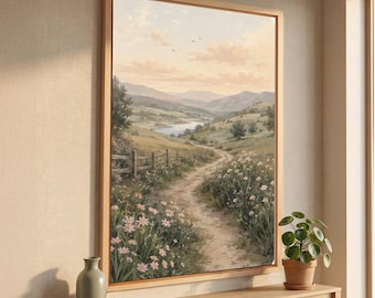 Wildflower Path Wall Art, Modern Country Landscape Canvas Print, Spring Meadow Decor