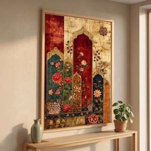 May include: A rectangular wall art piece featuring a series of arched panels in deep red, blue, and gold tones. The artwork displays intricate floral patterns with blooming flowers and climbing vines, all enclosed within a light-colored wooden frame.