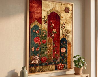 May include: A rectangular wall art piece featuring a series of arched panels in deep red, blue, and gold tones. The artwork displays intricate floral patterns with blooming flowers and climbing vines, all enclosed within a light-colored wooden frame.