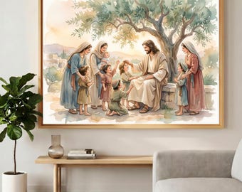 Jesus Blessing Children Watercolor Christian - Jesus Wall Art