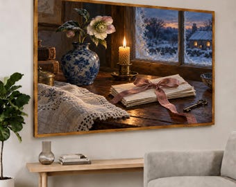 Candle Snowy Window Blue Vase Winter Still Life - Winter Wall Art
