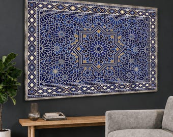 Blue Moroccan Wall Art, Geometric Tile Mosaic Canvas Print, Mediterranean Boho Decor, Framed or Rolled