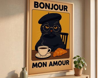 Black Cat Paris Cafe Wall Art, Whimsical Coffee Canvas Print, Kitchen Decor