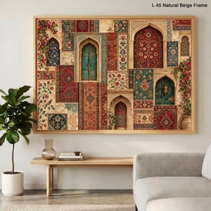 May include: A rectangular wall art piece titled L 45 Natural Beige Frame featuring a collage of intricate architectural arches, ornate doors, and vibrant floral patterns in shades of red, blue, and beige, all enclosed within a natural beige frame.