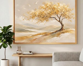 Gold Tree Wall Art, Minimalist Beige Abstract Landscape Canvas Print, Neutral Living Room Decor