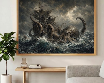 Op de afbeelding: Een ingelijste kunstdruk met een donkere, stormachtige maritieme scène waarin een groot houten zeilschip wordt omstrengeld door een reusachtige octopus in turbulente, diepblauwe oceaangolven. Het kunstwerk zit in een lichtbeige natuurlijke lijst.