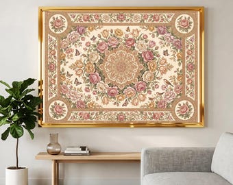 Pastel Persian Rug Wall Art, Floral Medallion Tapestry Canvas Print, Vintage Textile Decor, Framed or Rolled
