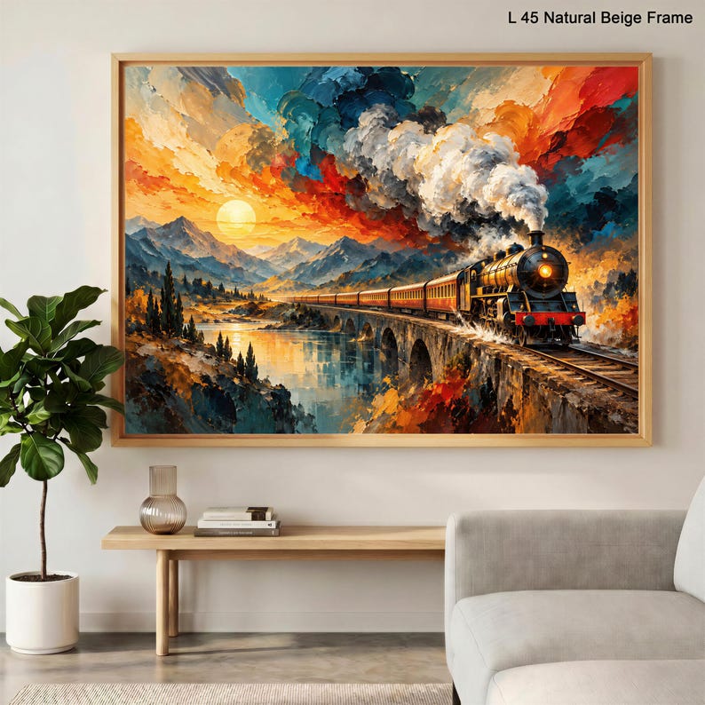 Steam Train Mountain Sunset Landscape - Train Wall Art, Framed Canvas ...