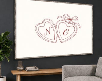 Personalized Monogram Wall Art, Custom Couple Initials Heart Canvas, Minimalist Wedding Gift