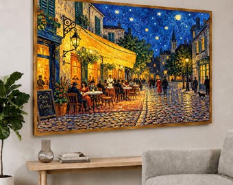 Paris Wall Art, Starry Night Cafe Street Canvas Print, French Cityscape Decor, Framed or Rolled