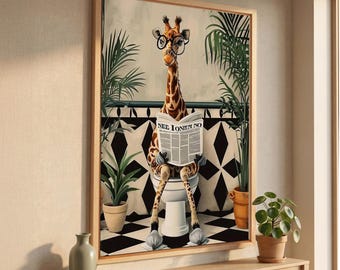 Funny Giraffe Bathroom Wall Art, Quirky Safari Canvas Print, Guest Decor