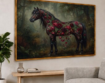 Black Horse Wall Art, Dark Floral Equestrian Canvas Print with Red Roses