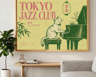 Cat Wall Art, Tokyo Jazz Club Piano Canvas Print, Vintage Japanese Music Poster, Framed or Rolled