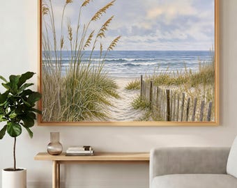 May include: A rectangular wall art print in a natural beige frame titled L 45 Natural Beige Frame. The image depicts a coastal scene with tall beach grass, a sandy path leading to the ocean, and a wooden fence under a cloudy sky.