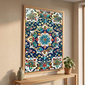 Iznik Tile Wall Art, Vintage Botanical Canvas Print, Farmhouse Decor