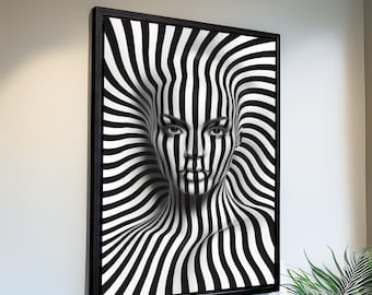 Modern Black White Line Face Wall Art, Minimalist Canvas Print