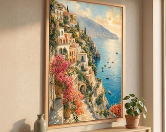 May include: A framed wall art print depicting a coastal hillside town with multi-colored buildings, vibrant pink bougainvillea flowers in the foreground, and a blue sea with small boats under a soft, warm sky during the golden hour of the day.