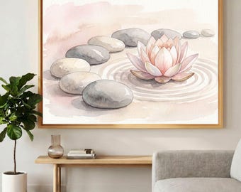 Zen Lotus Wall Art, Pink Flower and Spa Stones Canvas Print in Neutral Tones