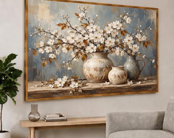White Blossom Branch Vase Neutral Still Life - Still Life Wall Art
