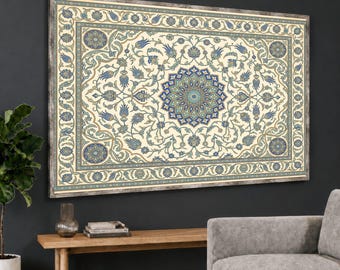 Blue Ivory Persian Rug Wall Art, Medallion Tapestry Canvas Print, Vintage Textile Decor, Framed or Rolled