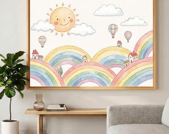Rainbow Nursery Wall Art, Pastel Hills and Smiling Sun Canvas Print