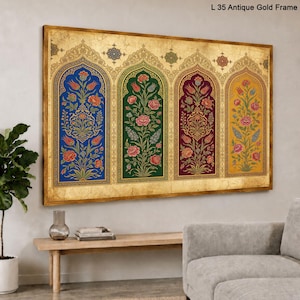 May include: A rectangular wall art piece featuring four vertical arched panels with floral motifs in blue, green, burgundy, and yellow. The artwork is encased in an antique gold frame. The text L 35 Antique Gold Frame is visible in the top right corner.