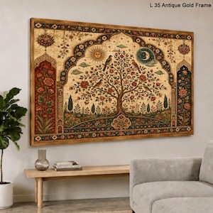 May include: A rectangular wall art print titled L 35 Antique Gold Frame featuring a central tree with birds, a sun, and a crescent moon. The design is framed by an ornate archway with floral patterns in red, blue, and gold tones on a textured background.