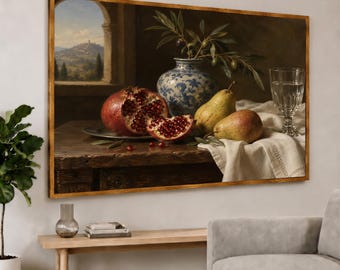 Pomegranate Pear Blue Vase Kitchen Still Life - Fruit Wall Art, Framed Canvas or Roll Print