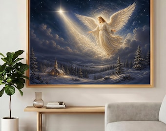 Angel Snowy Chapel Christmas Canvas Wall Art, Religious Holiday Decor