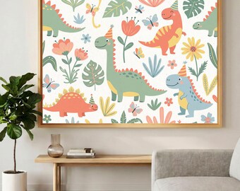 Dinosaur Wall Art Canvas Print, Colorful Prehistoric Pattern for Kids Room Decor