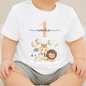 1. Geburtstag Shirt mit Name Safari Tiere, Personalisiertes Baby Geburtstagsshirt, Bio Baumwolle, Geschenk zum ersten Geburtstag,Baby Tshirt image 1