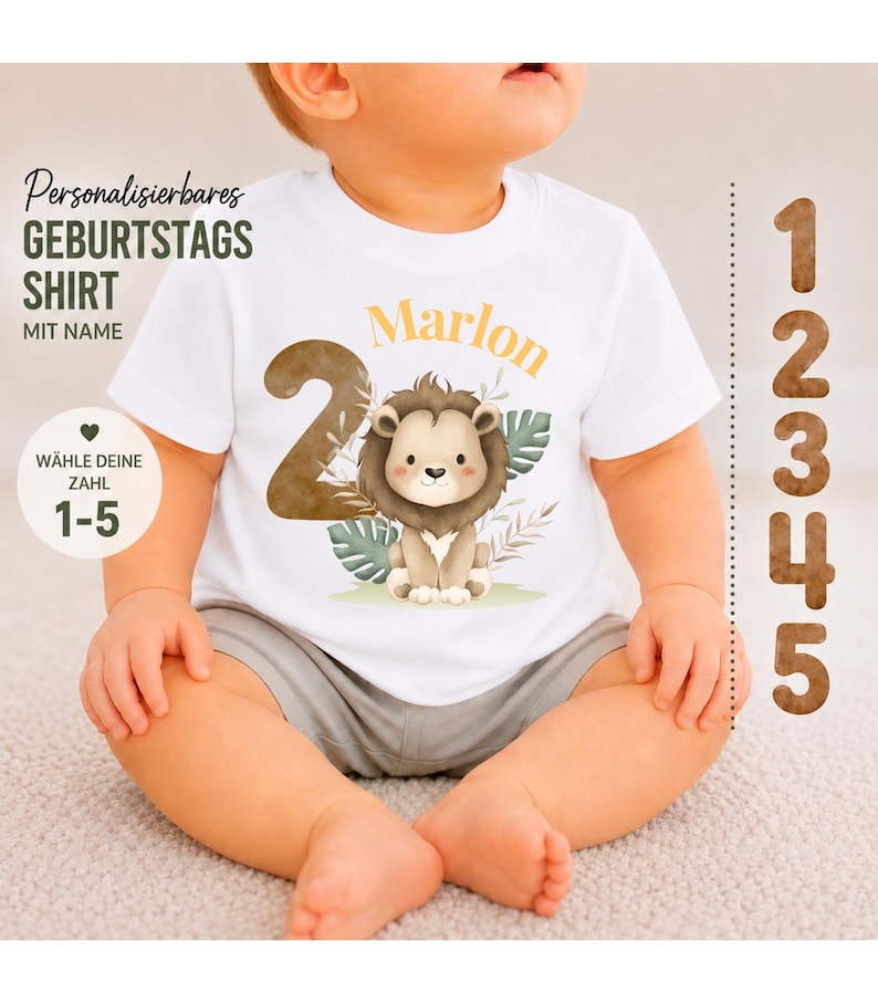 Personalisiertes Löwe Geburtstagsshirt mit Name, Safari Kinder T-Shirt Junge Mädchen, Geburtstag Shirt 1 2 3 4 5 Jahre, Baby & Kinder Shirt image 1