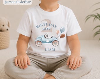 Personalisiertes Geburtstagshirt mit Name & Alter, Retro Auto Geburtstagsshirt Junge, Birthday Boy 1-10 Jahre,Kinder T-Shirt Auto Geburtstag