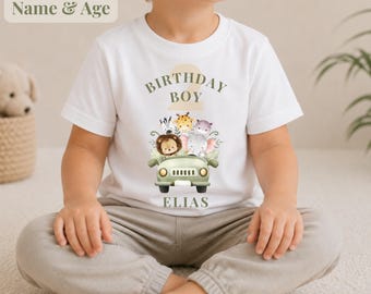 Custom Birthday Boy Shirt with Name & Age, Safari Birthday Shirt for Boys, Personalized Jungle Animal Birthday Tee, Baby Birthday Outfit Boy