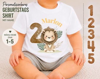 Personalisiertes Löwe Geburtstagsshirt mit Name, Safari Kinder T-Shirt Junge Mädchen, Geburtstag Shirt 1 2 3 4 5 Jahre, Baby & Kinder Shirt