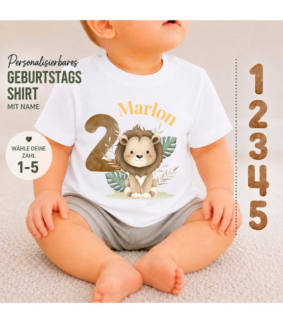 Personalisiertes Löwe Geburtstagsshirt mit Name, Safari Kinder T-Shirt Junge Mädchen, Geburtstag Shirt 1 2 3 4 5 Jahre, Baby & Kinder Shirt