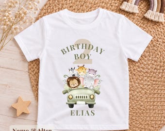 Personalisiertes Geburtstagsshirt Safari Tiere Junge mit Name & Alter, Birthday Boy Tshirt Auto, Baby Kinder Geburtstag 1-10 Jahre, Biowolle
