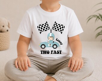 Personalisiertes Geburtstagsshirt Auto Junge,  2. Geburtstag T-Shirt mit Name, Two Fast  Racing Geburtstag, Rennwagen Auto Tshirt für Jungs