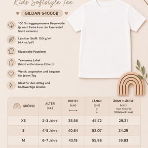 May include: A white short-sleeved t-shirt displayed above a size chart titled GR&Ouml;SSENTABELLE Kids Softstyle Tee GILDAN 64000B. The chart lists sizes XS through XL with corresponding age ranges, width, length, and sleeve length in centimeters.