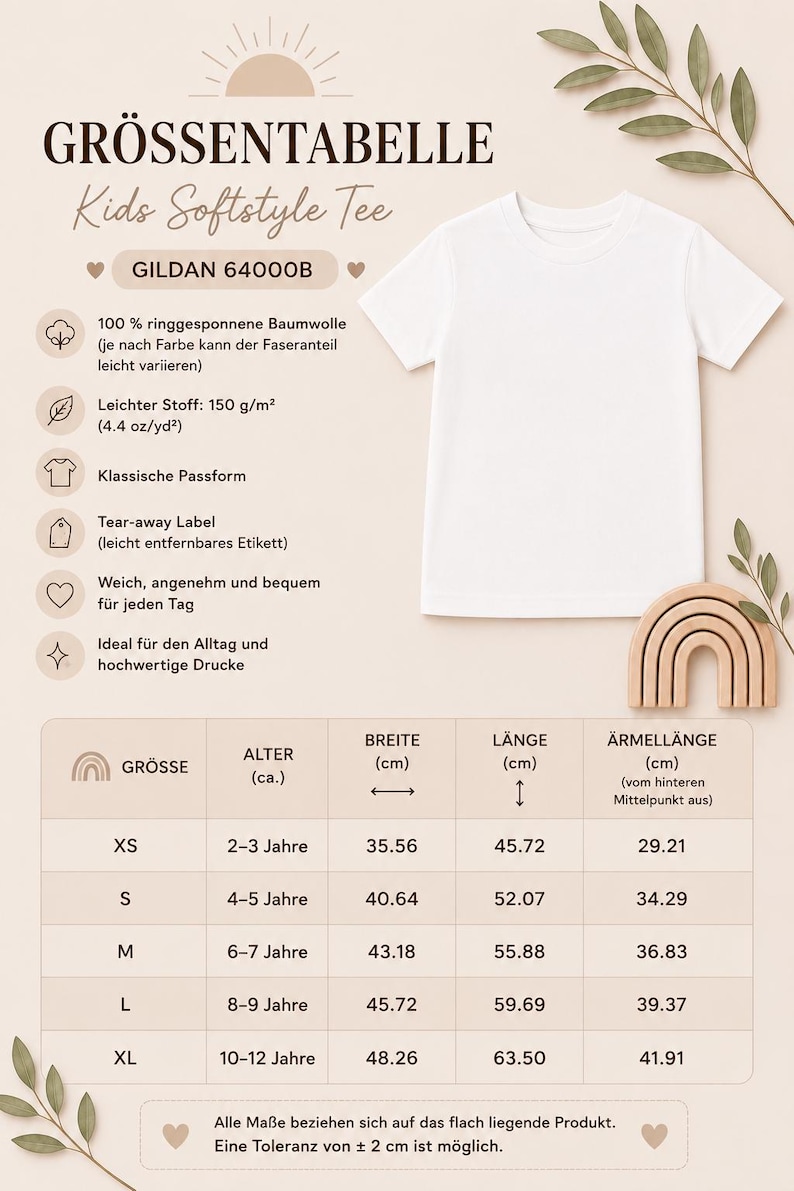 May include: A white short-sleeved t-shirt displayed above a size chart titled GR&Ouml;SSENTABELLE Kids Softstyle Tee GILDAN 64000B. The chart lists sizes XS through XL with corresponding age ranges, width, length, and sleeve length in centimeters.